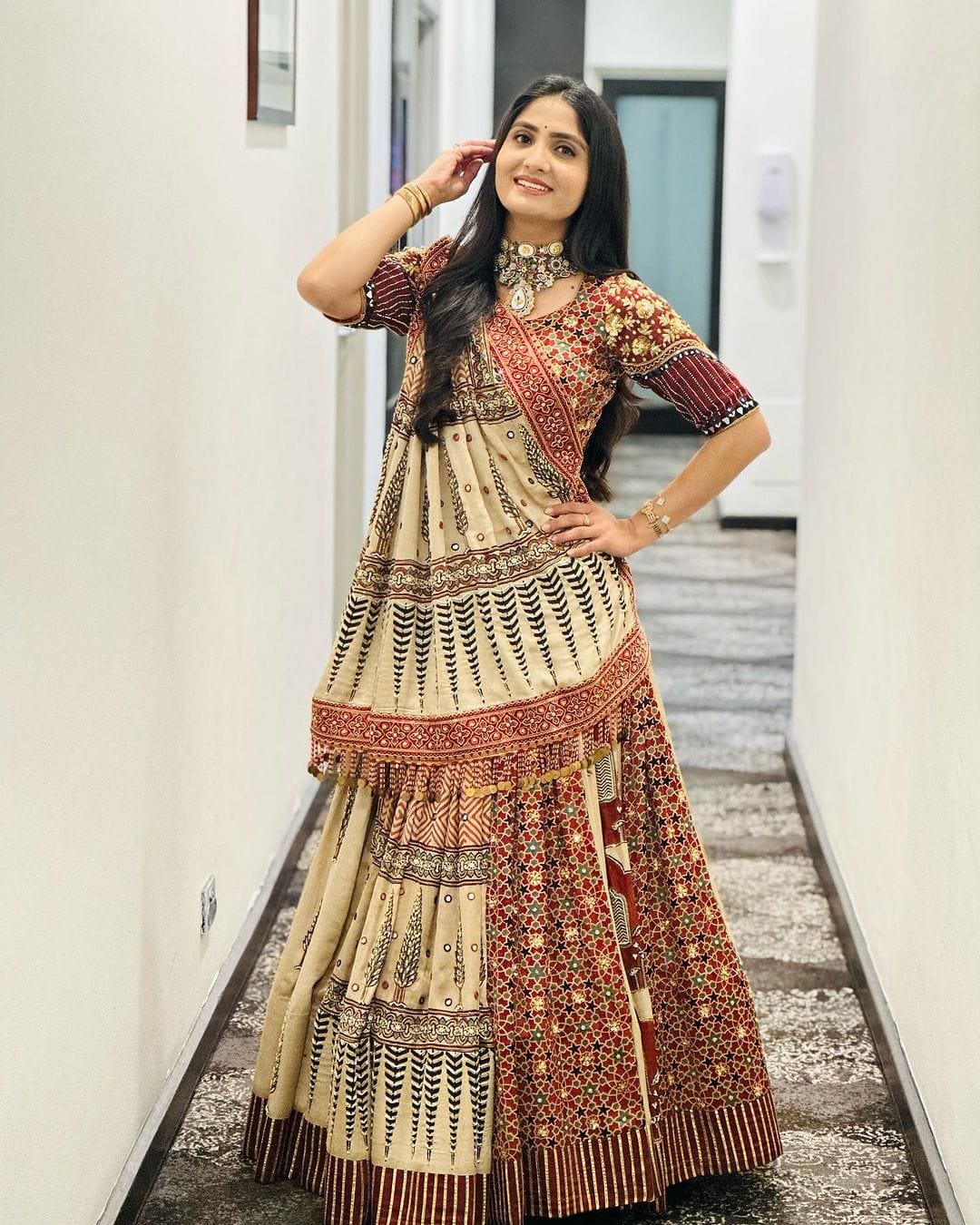 Navratri Special Cream & Maroon Digital Print Chaniya Choli