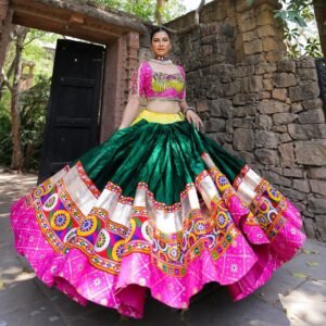 Navratri Special Dark Green & Pink Heavy Flare Chaniya Choli