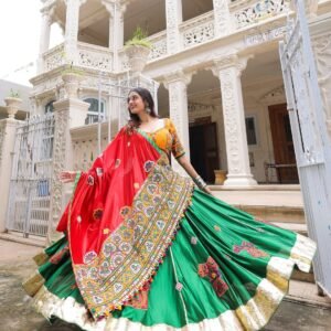 Navratri Special Green & Red Digital Print Real Mirror Work Chaniya Choli