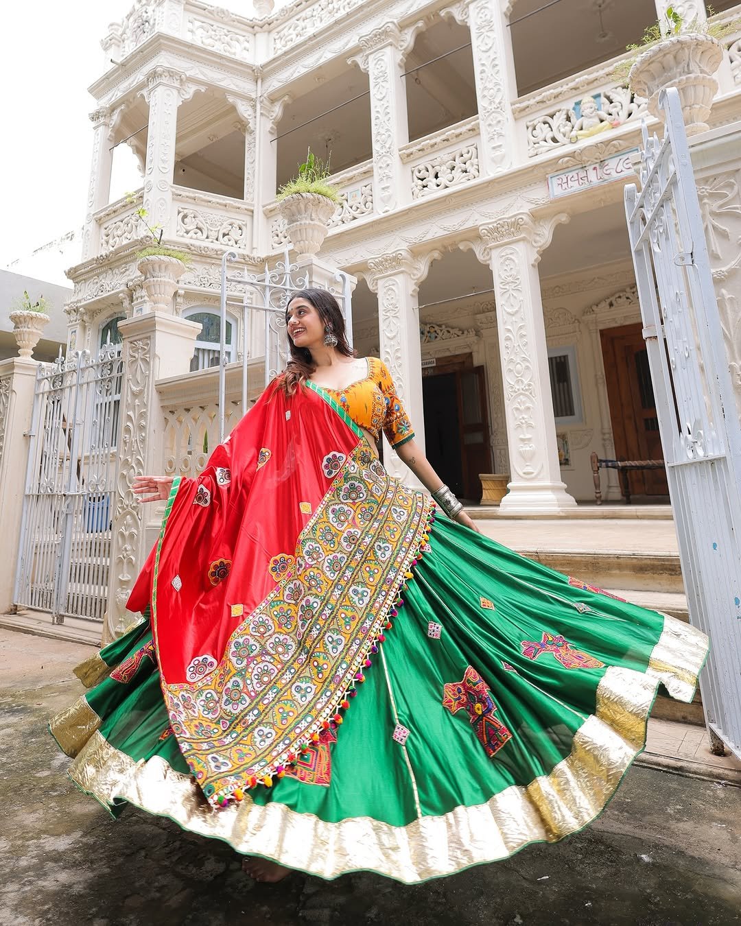 Navratri Special Green & Red Digital Print Real Mirror Work Chaniya Choli