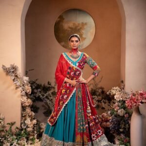 Navratri Special Peacock Blue & Red Fusion Chaniya Choli