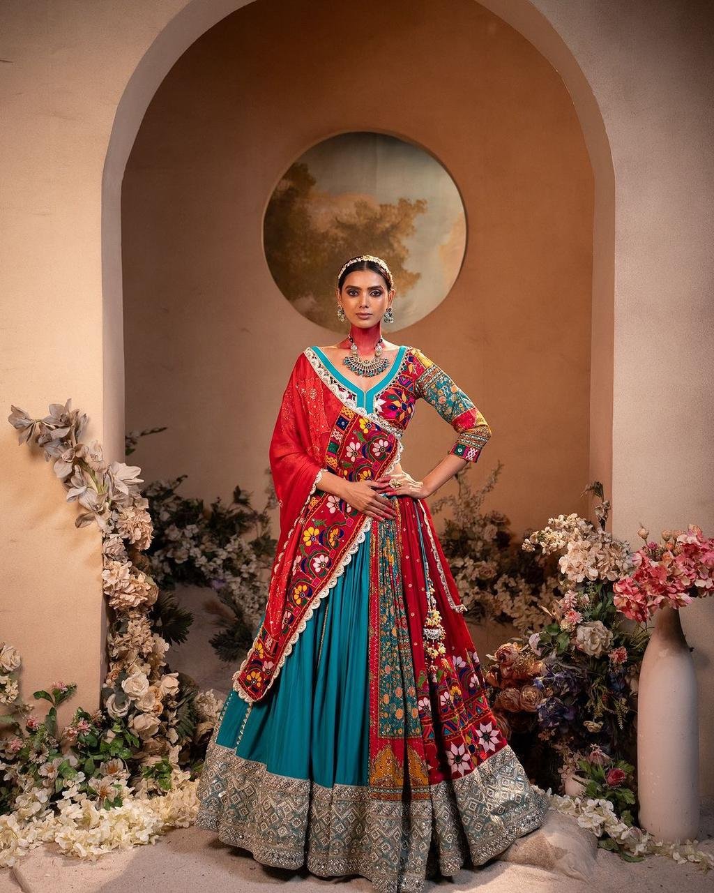 Navratri Special Peacock Blue & Red Fusion Chaniya Choli